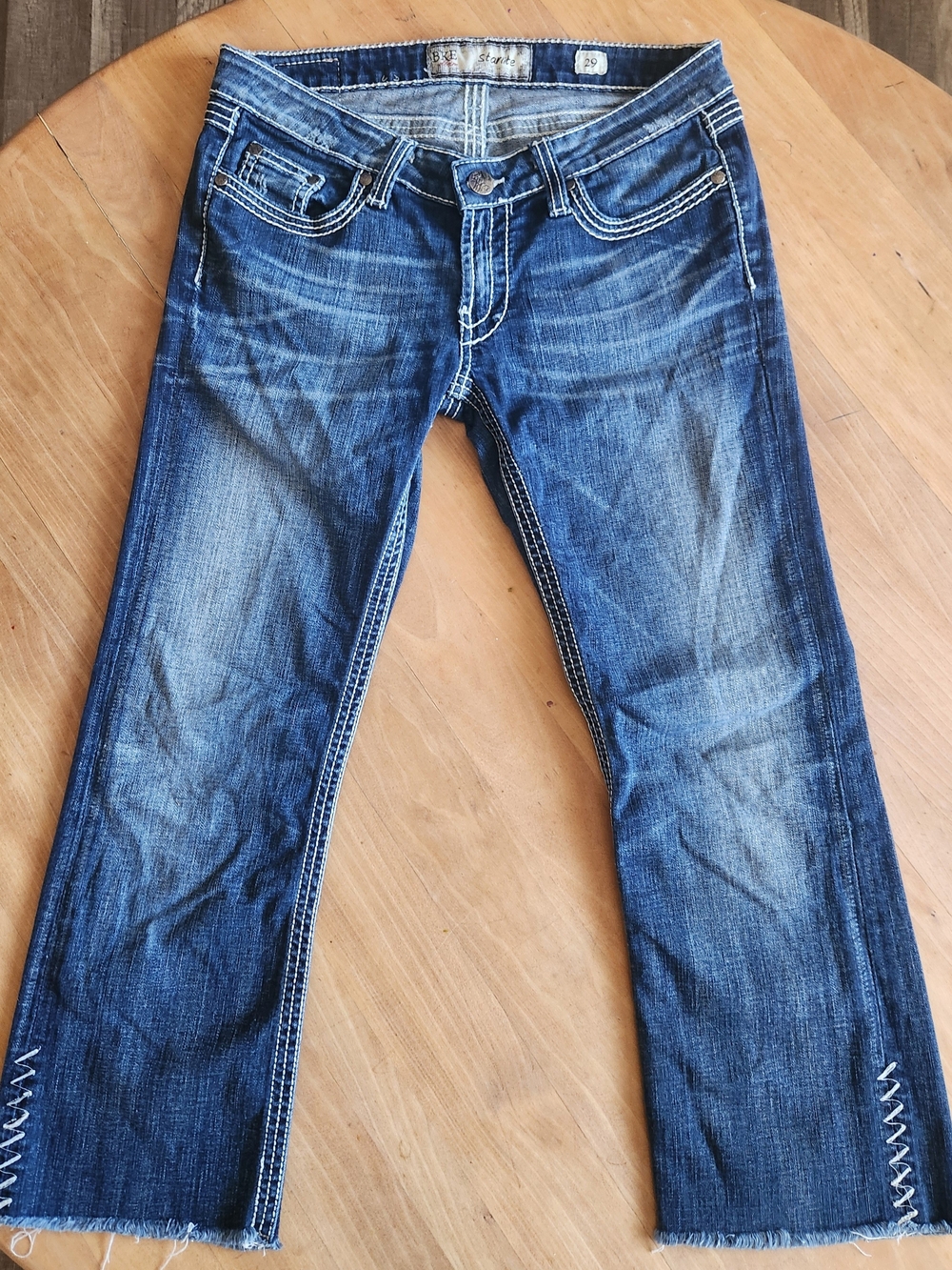 BKE Women's Distressed Mid-Blue Cropped Jeans